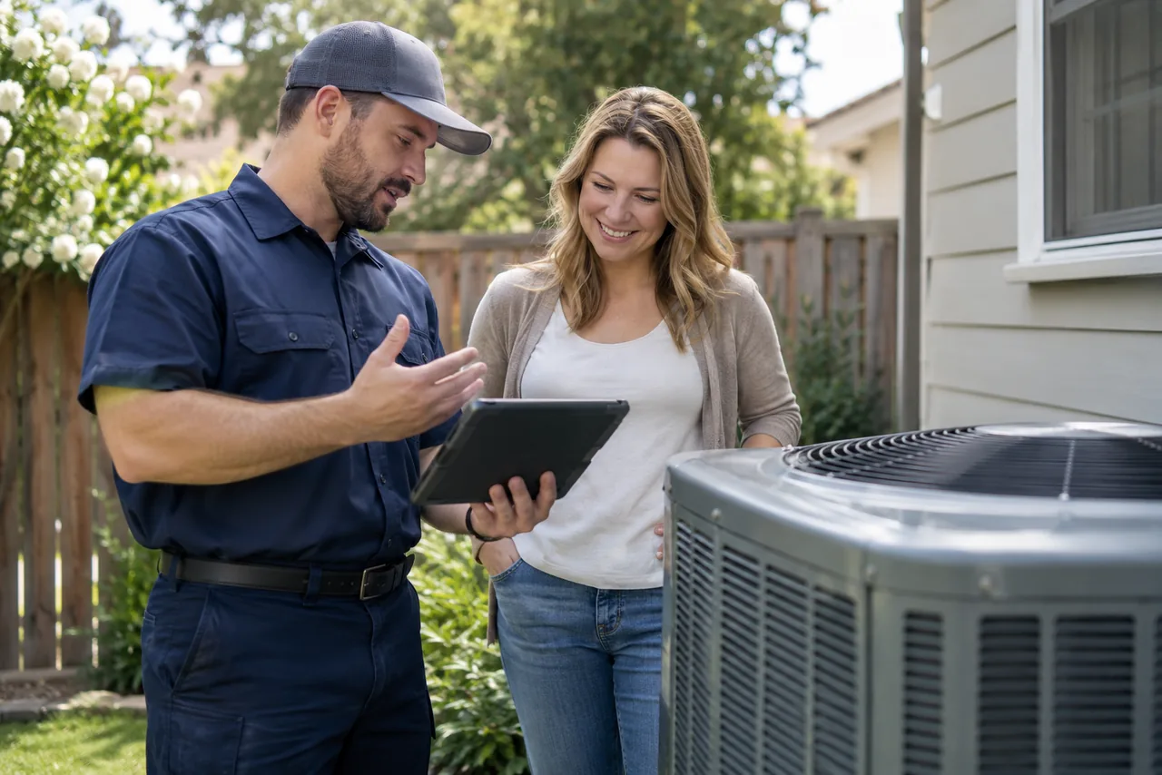 An HVAC technician servicing an outdoor unit
